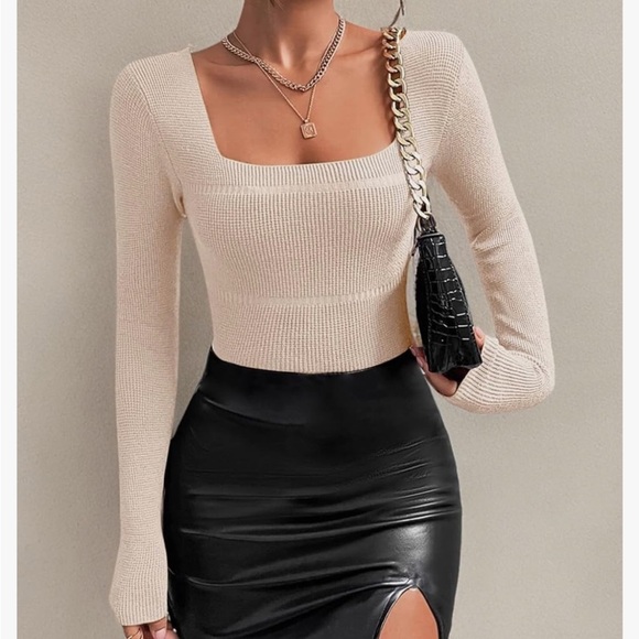 Amazon MISSACTIVER Women's Sexy Square Neck Crop Knitted Sweater Long Sleeve - Picture 6 of 9